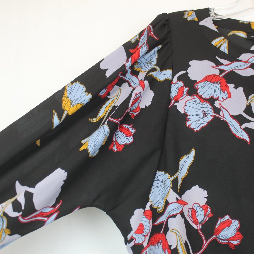 Who What Wear Large Black Floral Sheer Button Down Long Sleeve Blouse - Picture 4 of 12